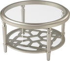 COSIEST Glass Coffee Table, 32" Round Coffee Tables with Storage, 2-Tier Glass Top, Clear Coffee Table, Simple & Modern Center Table for Living Room or Home Office (Champagne)