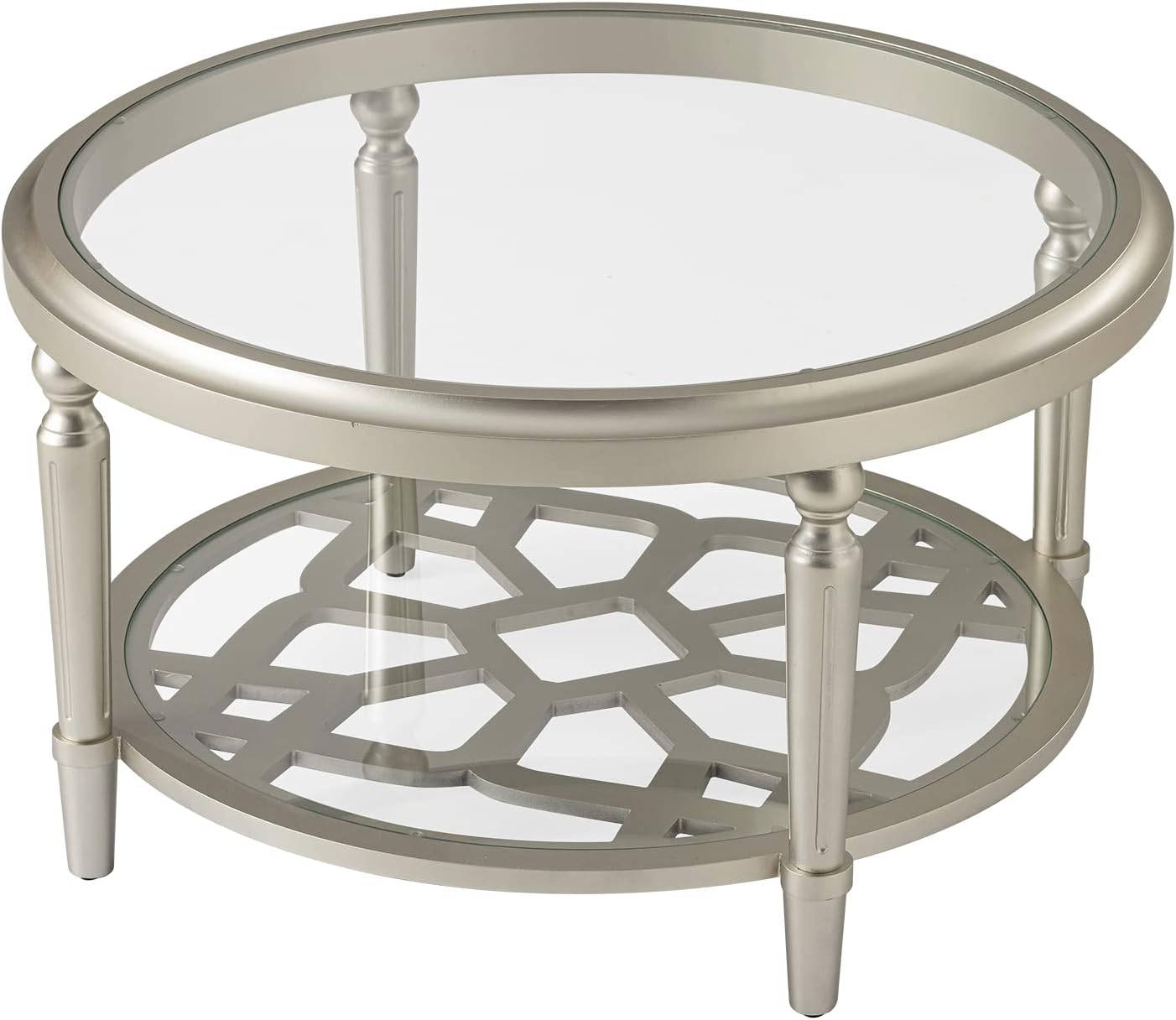 COSIEST Glass Coffee Table, 32" Round Coffee Tables with Storage, 2-Tier Glass Top, Clear Coffee Table, Simple & Modern Center Table for Living Room or Home Office (Champagne)