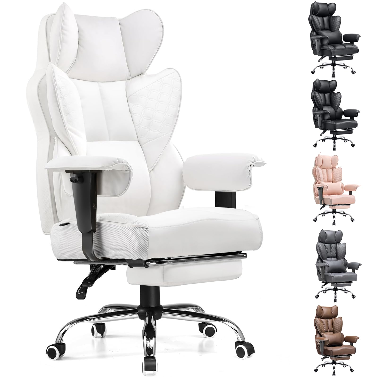 COMHOMA Big and Tall Office Chair 400LBS Wide Ergonomic Gaming Chair with Deluxe Embossing Designed Leather with Foot Rest,150°Reclining Adjustable Armrests Pocket Spring Back Support and Pillow