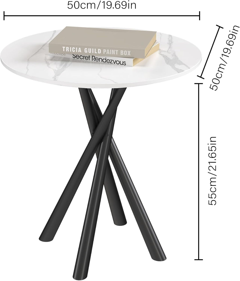 Round White Marble Side Table Set of 2, Modern End Table with Sintered Stone Top and Black Metal Legs, Sofa Coffee Table for Living Room Apartment (20" x 20" x 22")