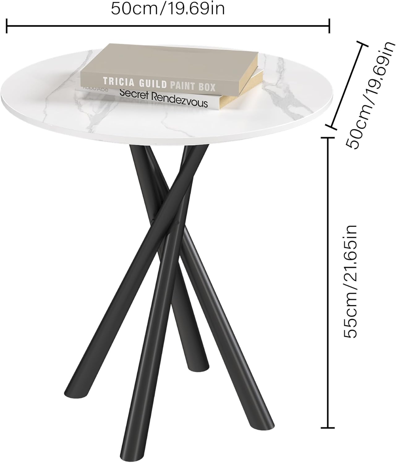Round White Marble Side Table Set of 2, Modern End Table with Sintered Stone Top and Black Metal Legs, Sofa Coffee Table for Living Room Apartment (20" x 20" x 22")