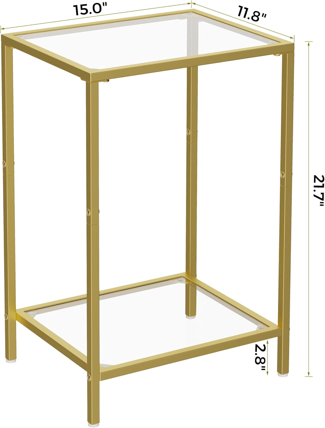 Side Tables Set of 2, End Tables with Tempered Glass, 2-Tier Nightstands with Storage Shelves, Coffee Table with Modern Style, Slim Sofa Table for Living Room, Bedroom, 11.8" D x 15" W, Golden