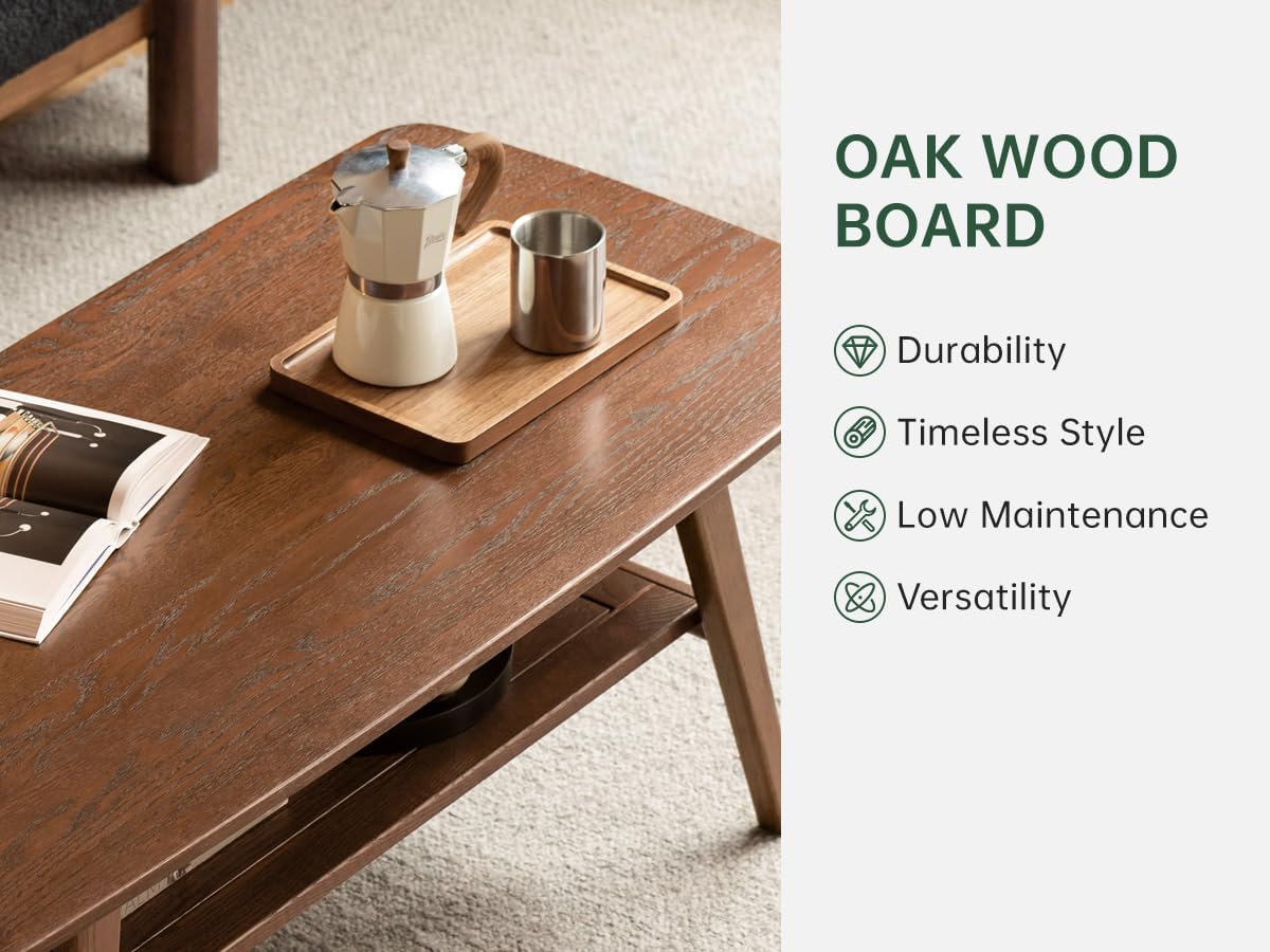 100% Solid Oak Wood Coffee Table for Living Room, 2-Tier Small Table with Storage Shelf, Mid Century Modern Coffee Tables (Walnut, 31.49" x 19.68" x 17.32")