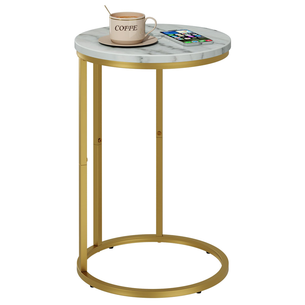 Function Home C Shaped End Table, Small Side Tables for Sofa Bed, Couch Tables That Slide Under, Drink Snack Table for Living Room Bedroom Small Space, White Wood Top and Gold Metal Frame