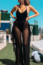 Jumppmile Women's Sexy Ruffle Sheer Mesh Bikini Swimsuit Bathing Wear Cover Up Pants See Through L Black