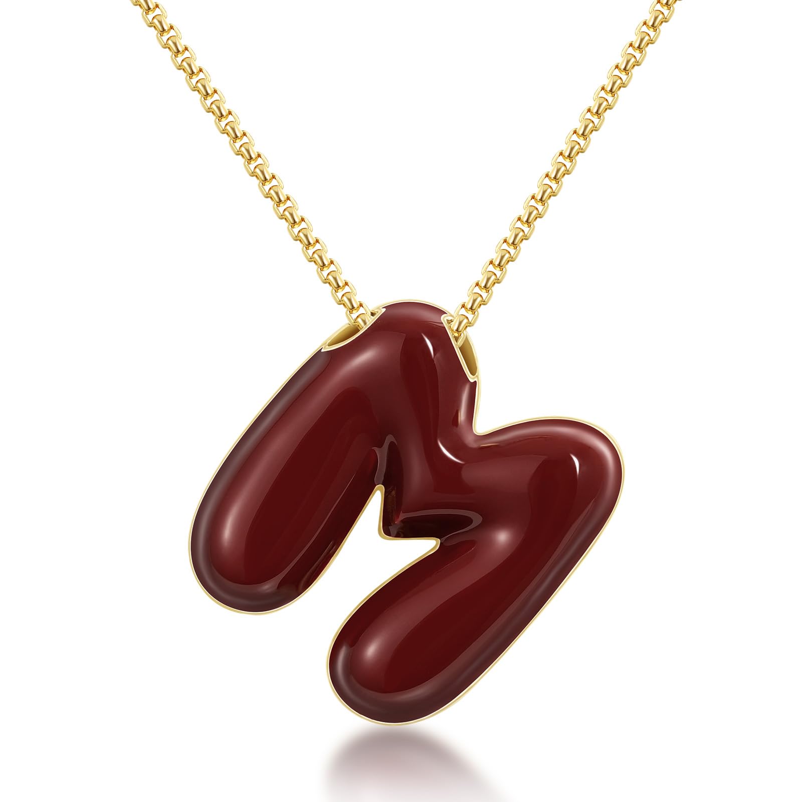 KissYan Bubble Letter Necklace, 14K Gold Plated Enamel Initial Pendant Box Chain Necklace Dainty Alphabet Jewelry for Women(Red M) - Grand Goldman
