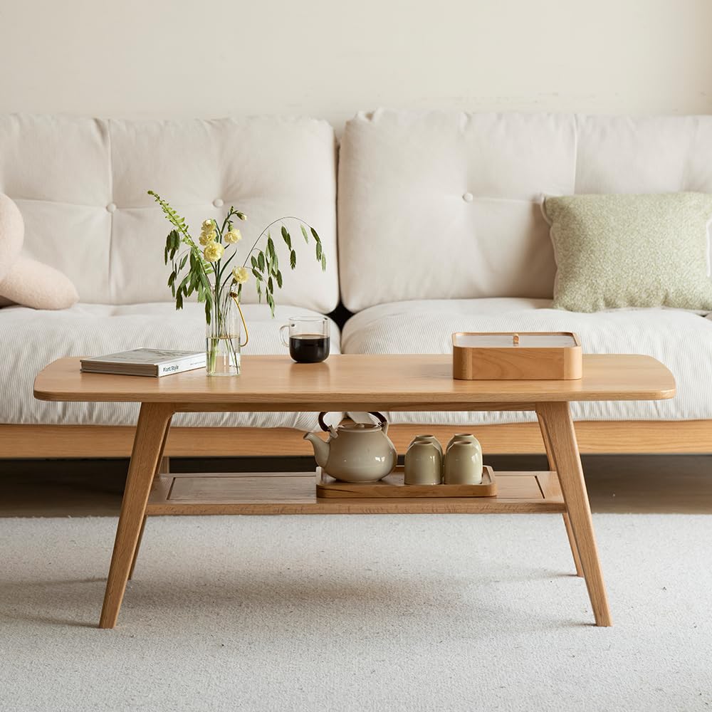 100% Solid Wood Coffee Table for Living Room, 31.5" Small Tables with Shelf Storage, Mid Century Modern Storage Coffee Table with Rounded Corners (Oak Wood Walnut Color)