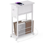 Side Table with Charging Station and Drawer, Narrow End Table with USB Ports and Outlets for Small Space, Living Room, Bedroom and Office, with 4 Wheels (1, Rustic Brown + Black)