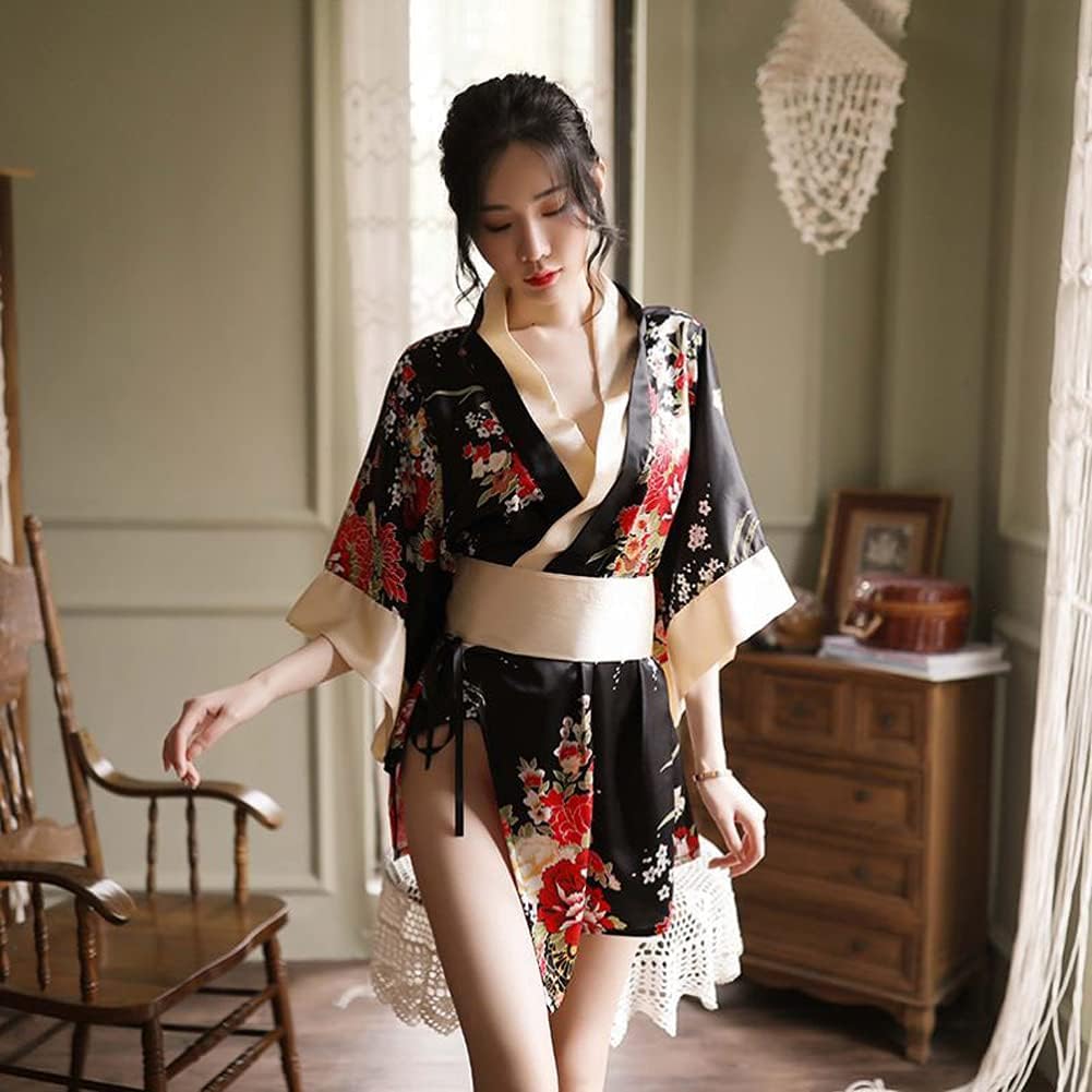 SIQITECHNO Womens Floral Kimono Bathrobe Mini Dress Nightgown Nightwear Japanese Short Yukata Sleepwear Outfit Belt Lingerie