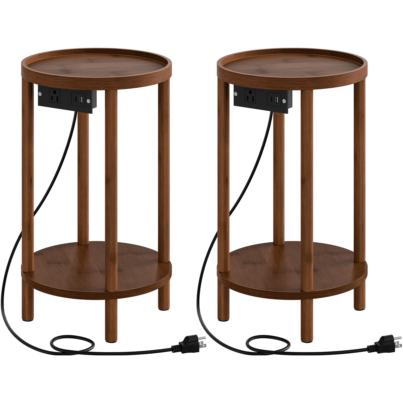 HOOBRO Small Round Side Table with Charging Station, 2-Tier Round Bamboo End Table, Compact Sofa Bedside Table for Small Space, Easy Assembly, for Living Room, Bedroom, Apartment, Natural YL156UBZ01