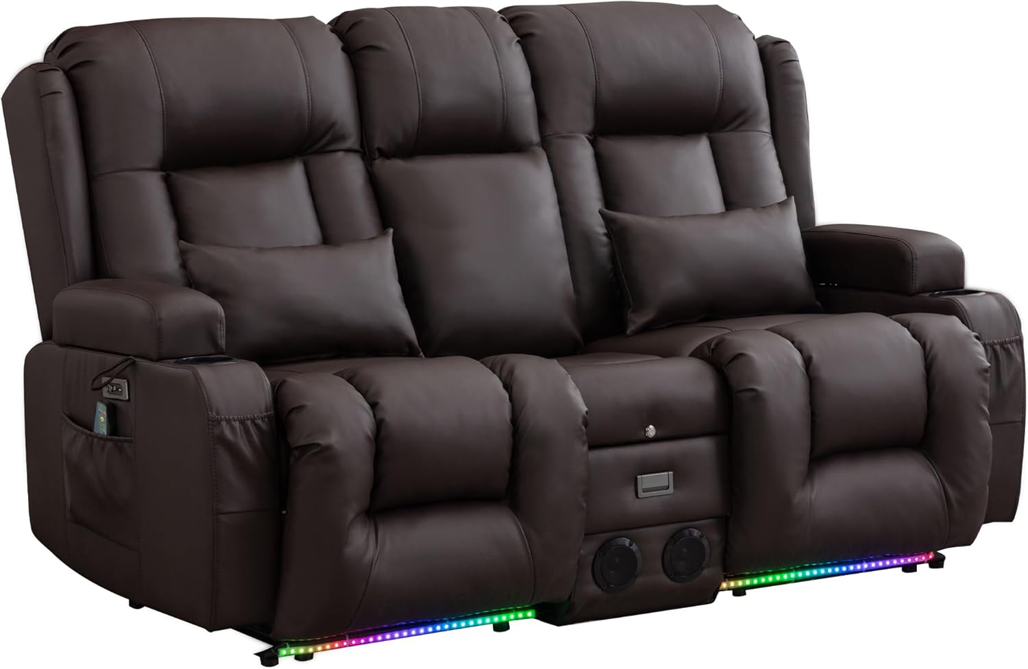 TUNYI Power Loveseat Recliner Sofa with Massage & Heat Home Theater Seating with Console Electric Recliner RV Sofa with USB/Outlet/Storage/Side Pocket/LED Light/Speaker (Brown, Loveseat)