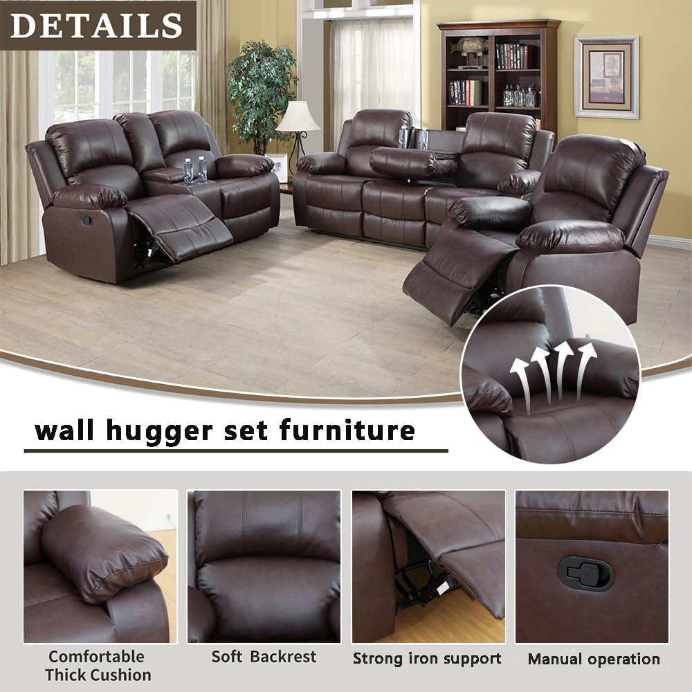 Bonded Leather Living Room Furniture Set Reclining Sofa Set Loveseat Furniture Sets in Living Room Sofa Recliners (3 Pieces, Brown)