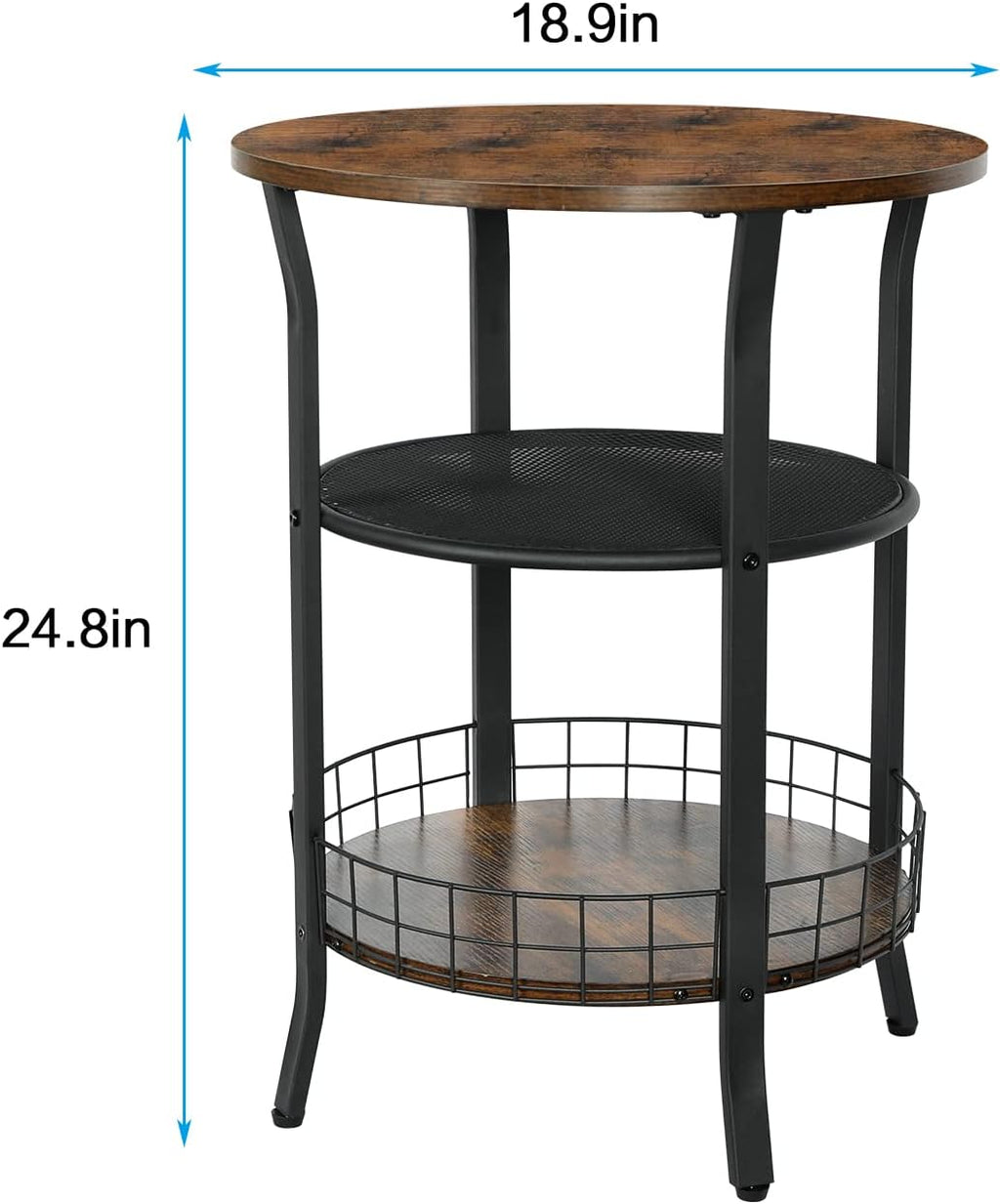 X-cosrack Round Side Table, Industrial Retro End Table with Storage,Coffee Snack Table for Living Room, Bedroom,Kitchen,Office,Stable Wood and Metal Frame,Rustic Brown
