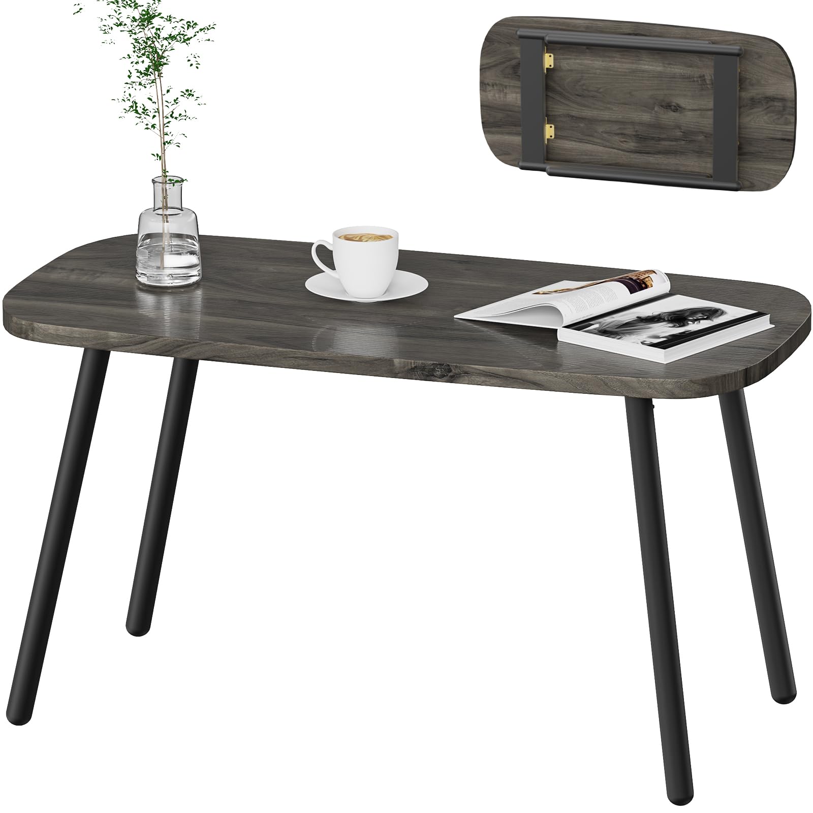 Folding Coffee Table, Wood Coffee Table Portable Low Floor Table with Metal Legs, Mid Century Modern Rustic Coffee Tables for Living Room, Home, Office, No Assembly 31.5x15.75x18.5IN