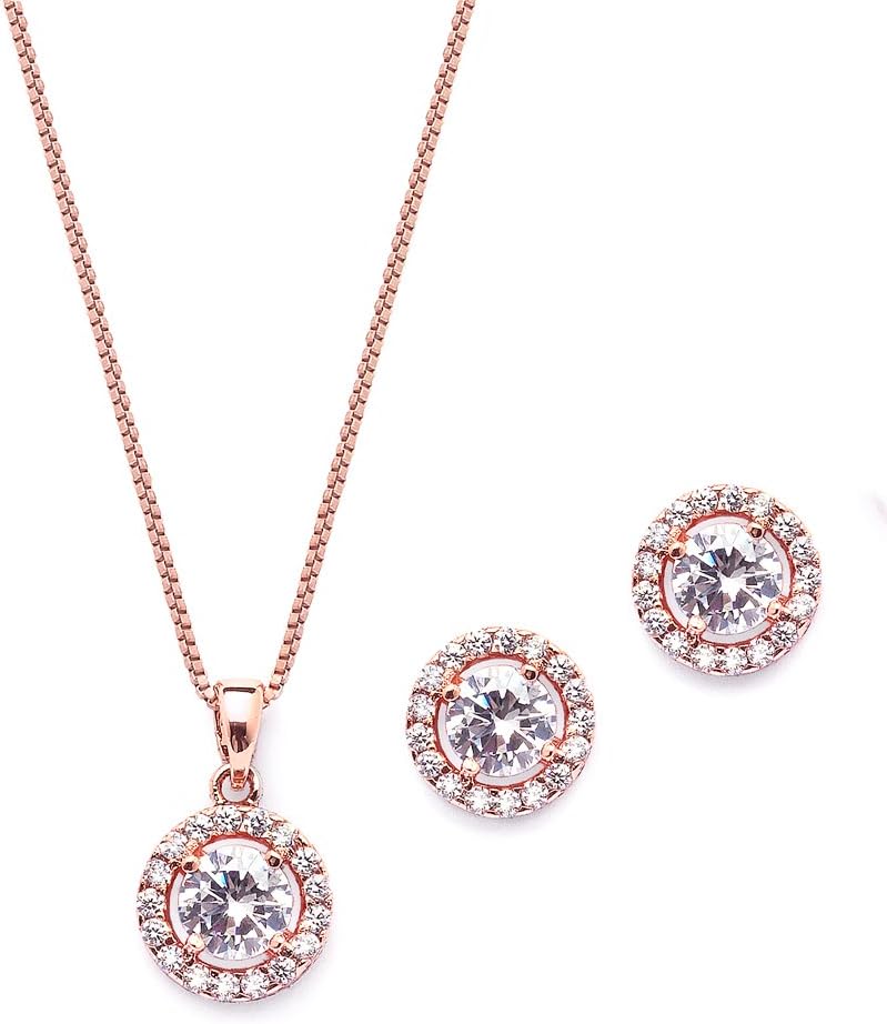 Mariell Bridal Wedding Necklace Set, Cubic Zirconia Pendant Necklace and Earrings Set, Rose Gold Jewelry