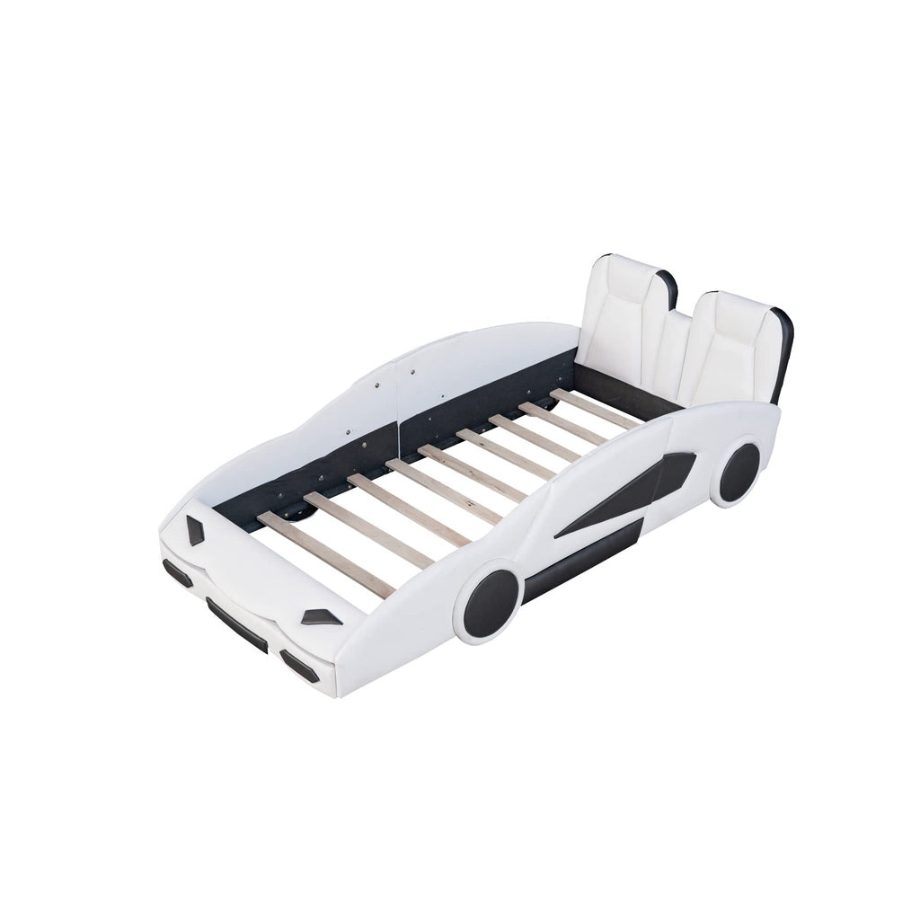 Lit plateforme en forme de voiture de course taille jumeau avec roues, blanc, Harper & Bright Designs
