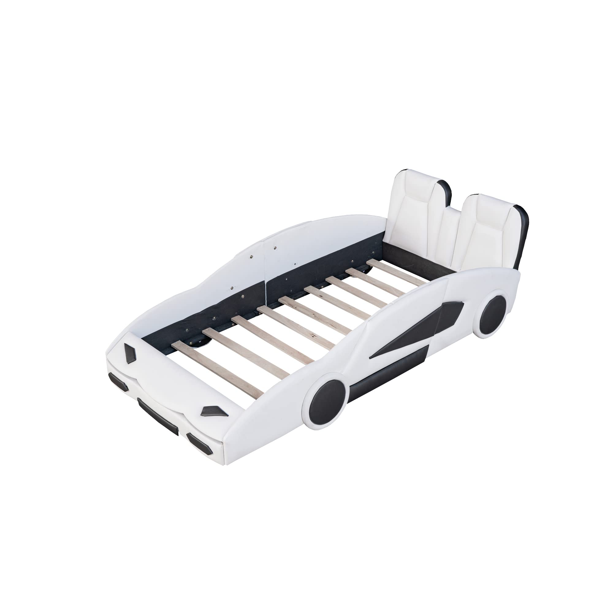 Lit plateforme en forme de voiture de course taille jumeau avec roues, blanc, Harper & Bright Designs