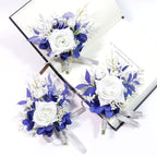 MAFELOE Wrist Corsage and Boutonniere Set for Prom Homecoming Wedding Party Celebration Artificial Flowers Accessories Suit Decor 2 Pieces - White+Navy Blue