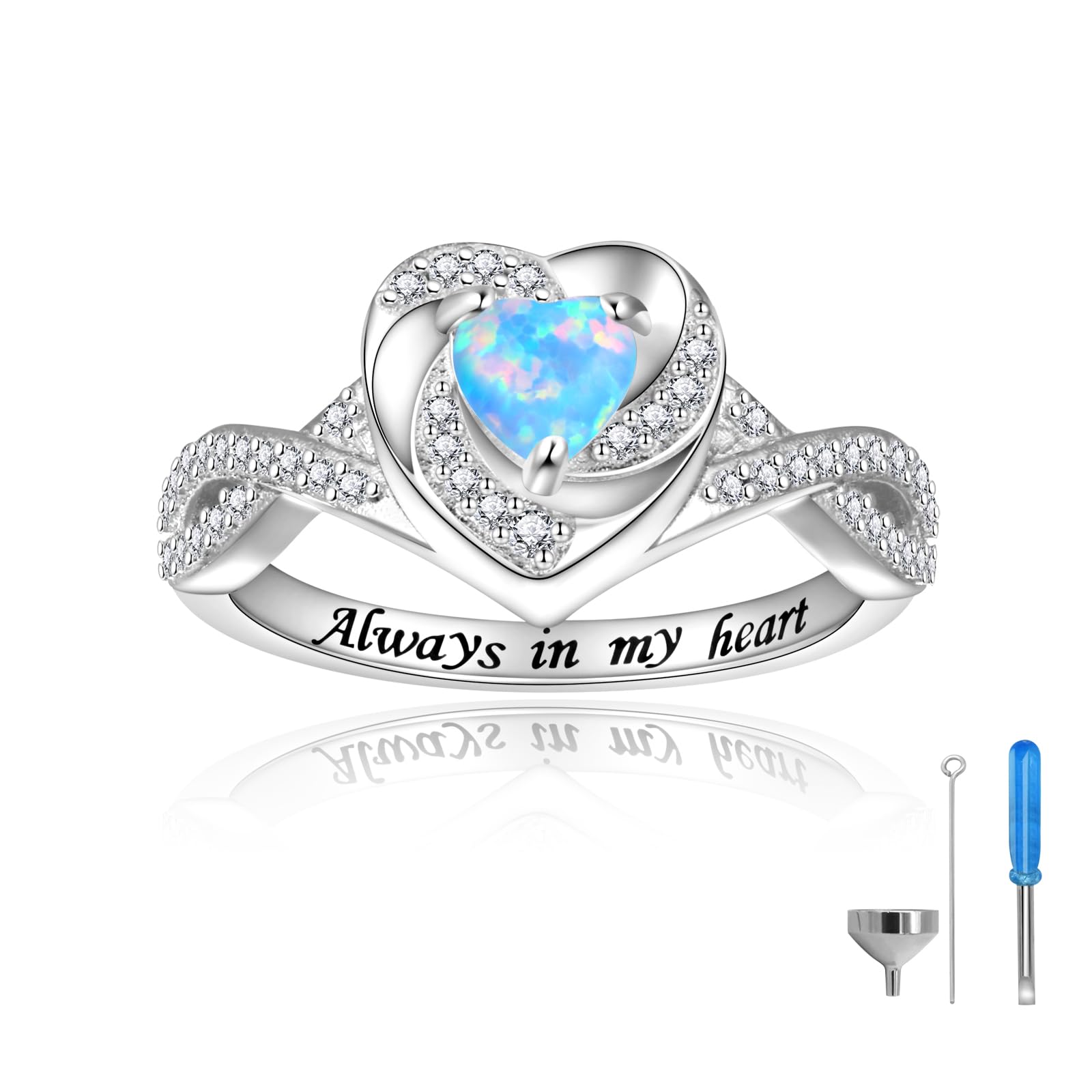 Heart Cremation Ring for Ashes - 925 Sterling Silver Opal Urn Keepake Rings Memorial Jewelry for Women