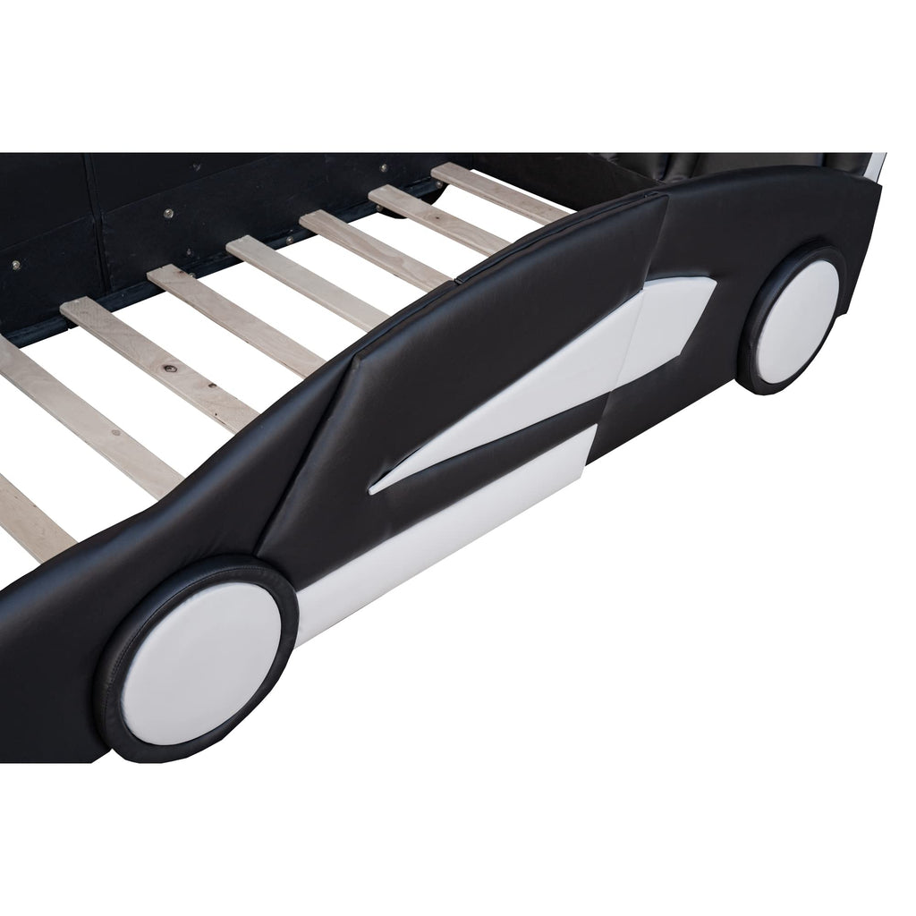 Roues de plateforme en forme de course Brisca taille double, cadre de lit voiture rembourré pour chambre, rails des deux côtés et support à lattes, pour enfants adolescents garçon fille, noir