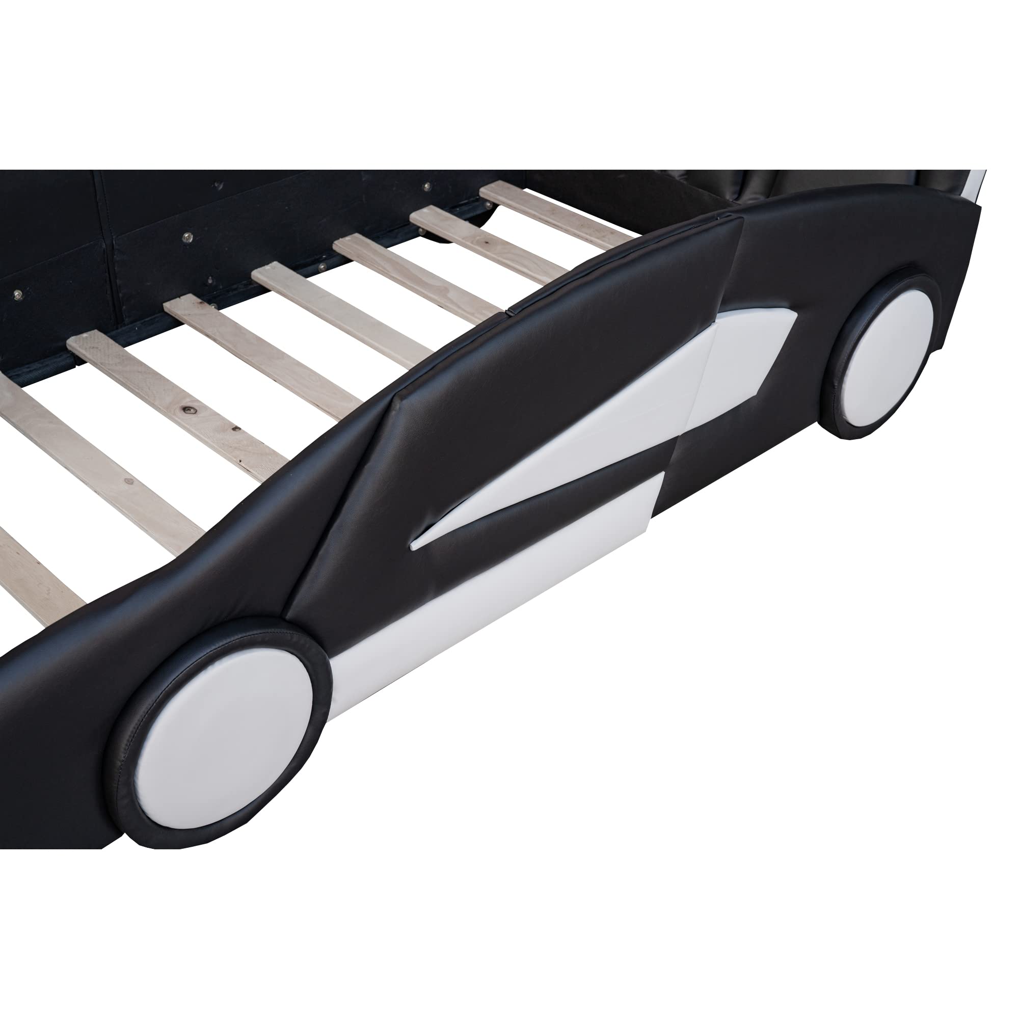 Roues de plateforme en forme de course Brisca taille double, cadre de lit voiture rembourré pour chambre, rails des deux côtés et support à lattes, pour enfants adolescents garçon fille, noir