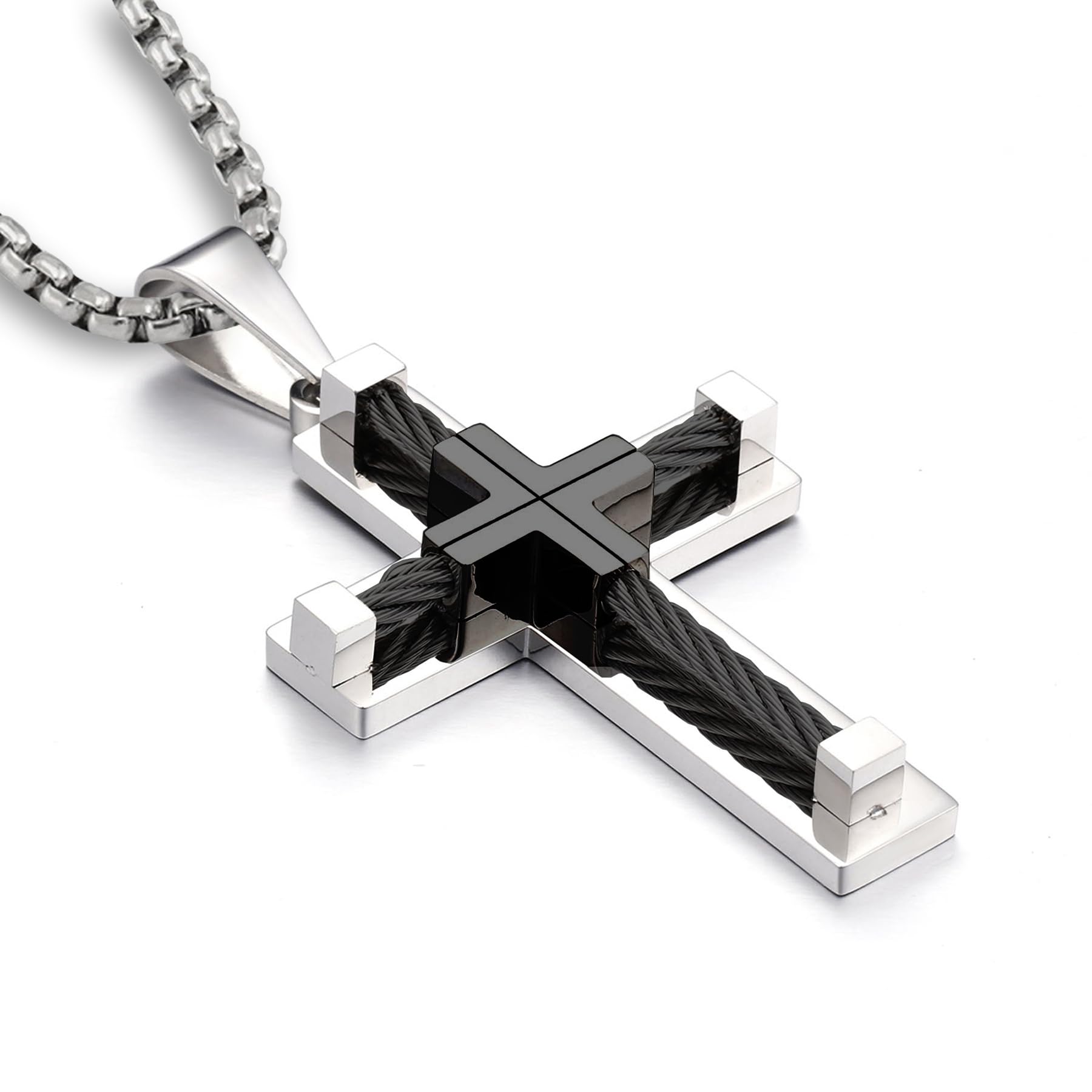 YL Men's Cross Necklace 316L Stainless Steel Large Jesus Christ Pendant Jewelry Rolo Chain for 24''