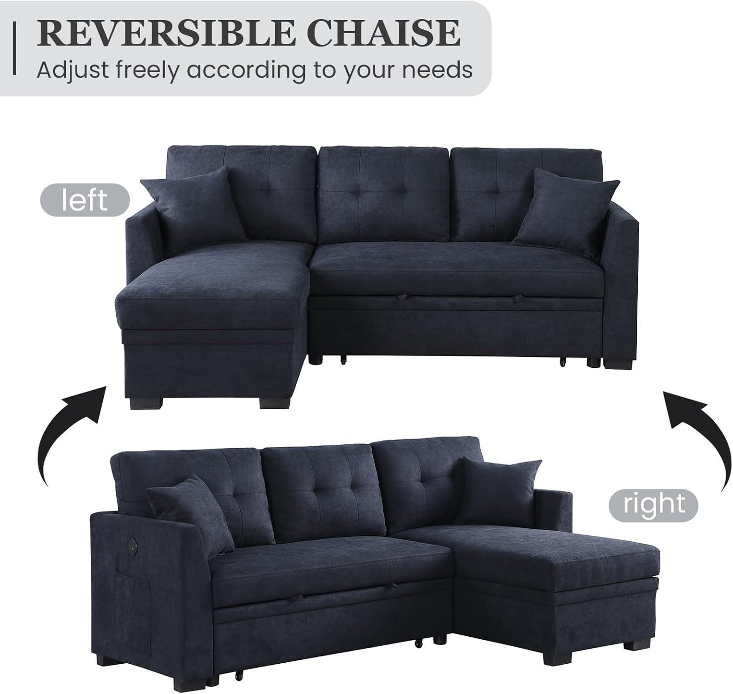 L Shape Sofa with Storage, Pull Out Couch Bed with USB&Type-C Ports, Convertible Sleeper Sofa, Futon Chaise Lounge Recliner for Living Room, Apartment, Bedroom, Office, Ink Blue