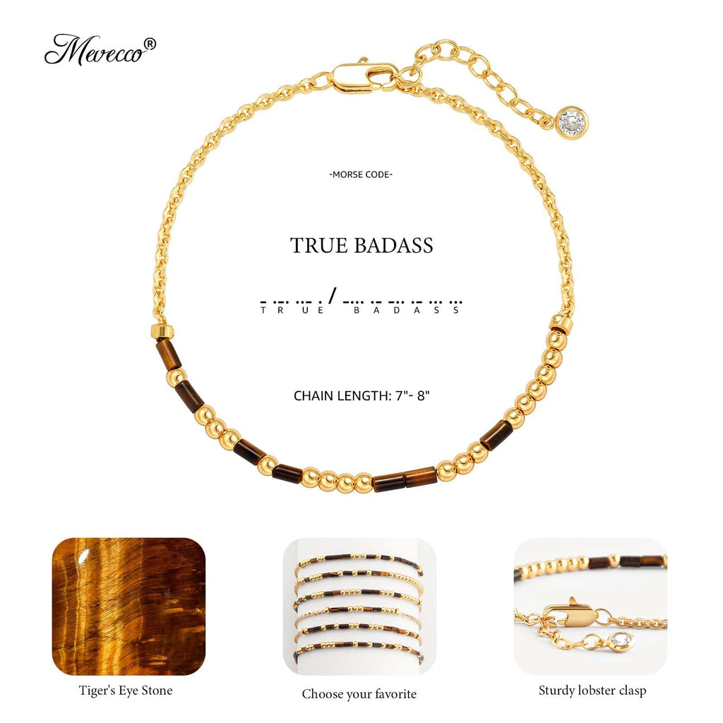 Bracelet Morse Code Or MEVECCO pour Femmes Bracelet Mixte en Pierre Œil de Tigre Plaqué Or 18K Bracelet Chaîne Morse Code Personnalisé Fait Main Empilable Bijoux Cadeaux