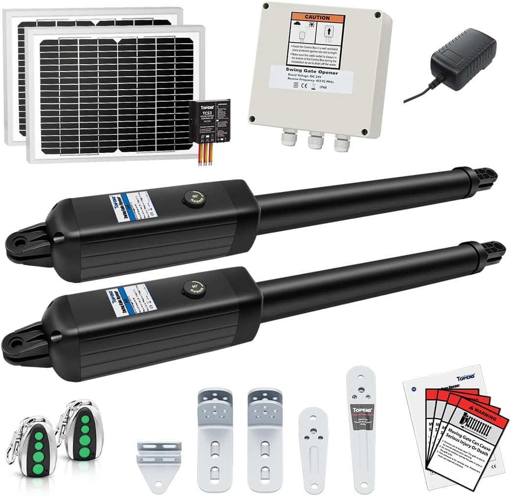 TOPENS AD8S Automatic Solar Gate Opener for Heavy Duty Dual Swing Gates Up to 18ft per Arm, Dual Swing Gate Operator Battery Powered with Remote Control Kit Gate Motor Solar Panel Included