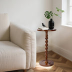 Round Side Table for Small Spaces, Drink Table with Oak Wood Pedestal, Modern End Table Nightstand for Living Room, Bedroom, Office, and Corners, Tool-Free Assembly, Brown