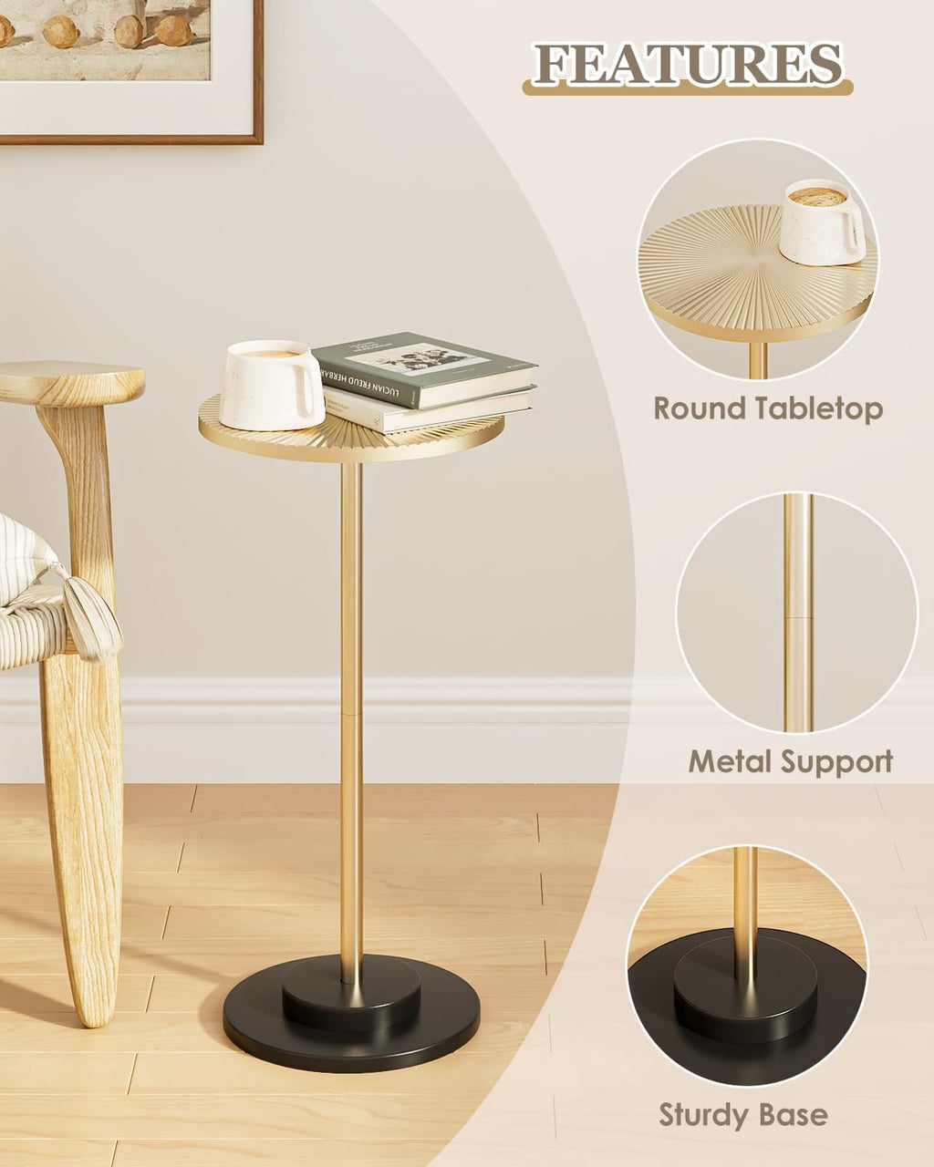 Round Side Table, Small Drink Table for Small Spaces, Modern Accent End Table Coffee Table with Metal Leg for Living Room, Bedroom, Corners, and Office (Gold)