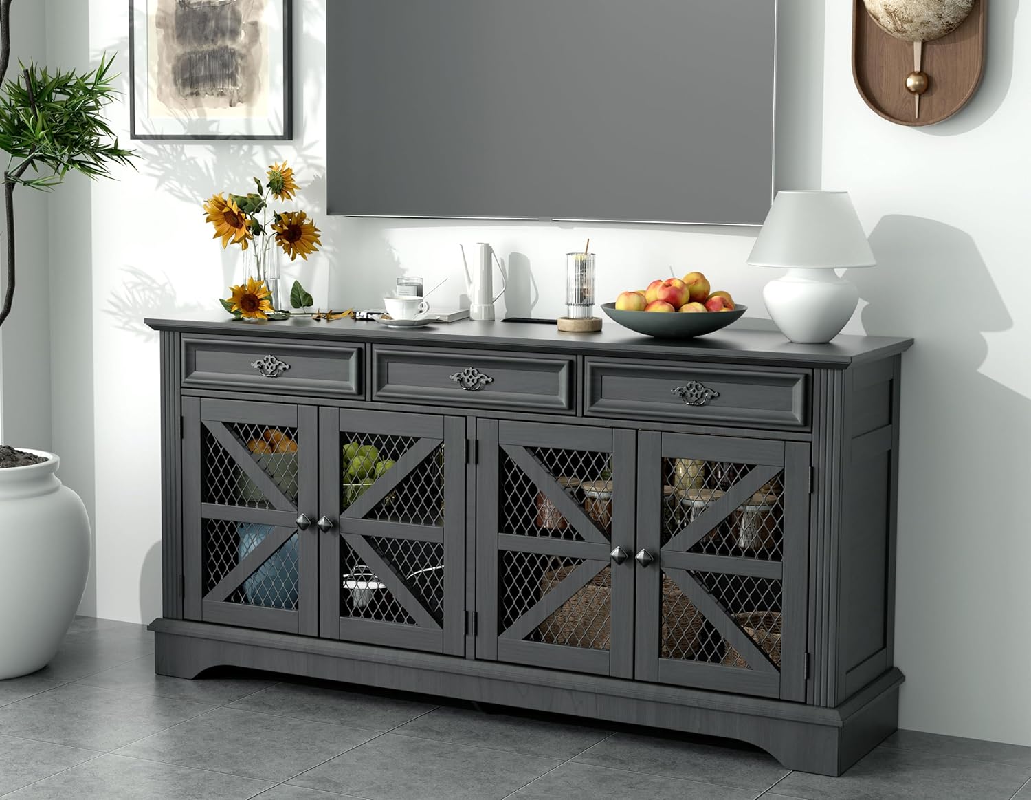 63" Large Buffet Sideboard Cabinet with Drawers, 4 Doors and Charging Station, Farmhouse Kitchen Storage Pantry Cabinet with Adjustable Shelves, Coffee Bar Wine Bar for Kitchen, Living Room - Grand Goldman