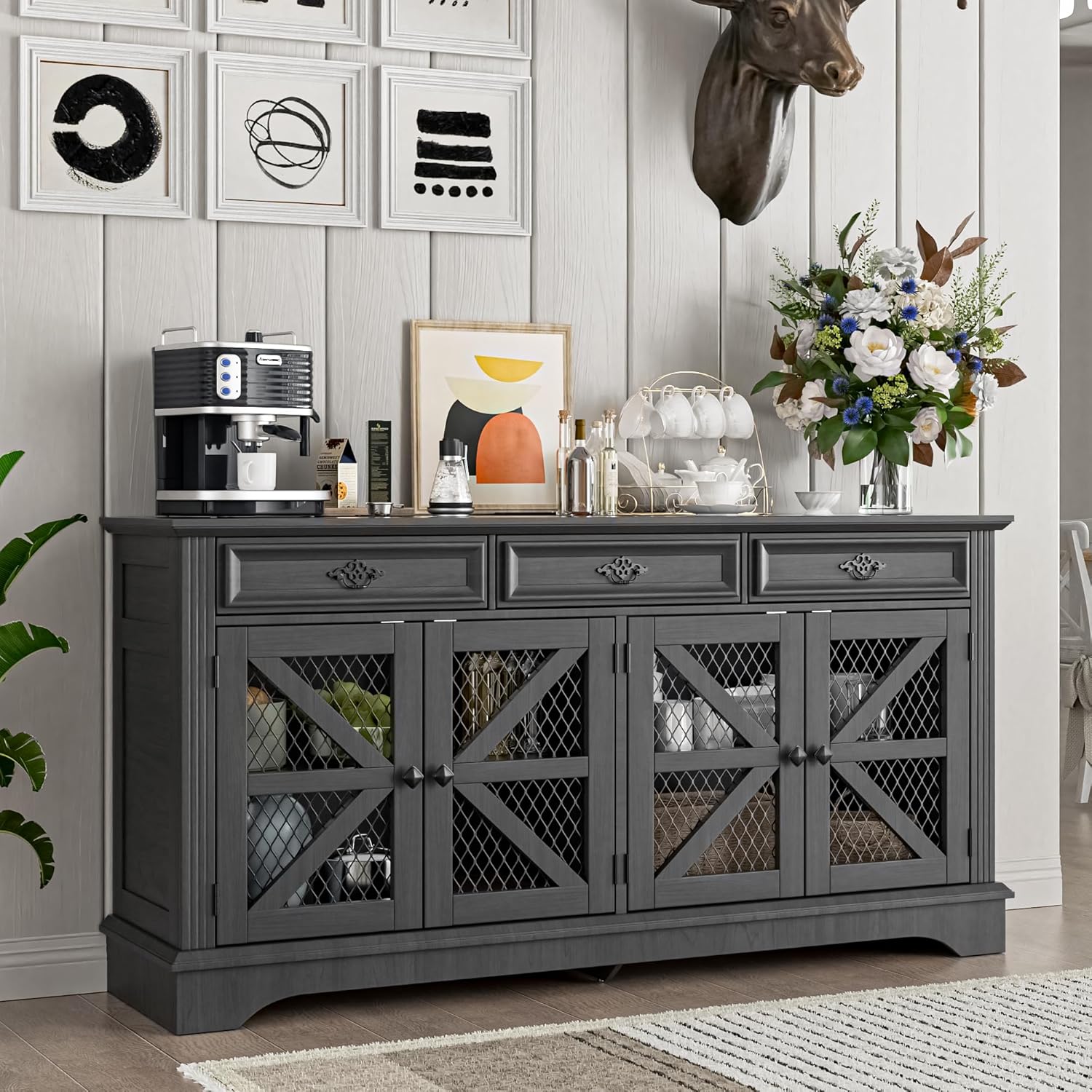 63" Large Buffet Sideboard Cabinet with Drawers, 4 Doors and Charging Station, Farmhouse Kitchen Storage Pantry Cabinet with Adjustable Shelves, Coffee Bar Wine Bar for Kitchen, Living Room - Grand Goldman