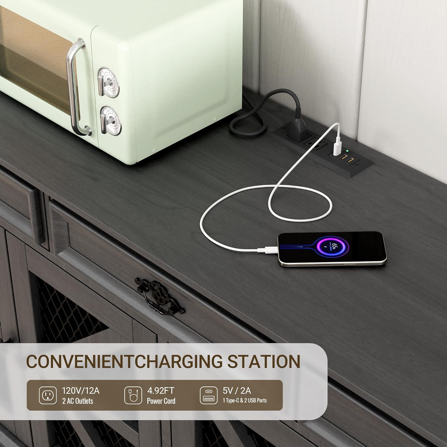 63" Large Buffet Sideboard Cabinet with Drawers, 4 Doors and Charging Station, Farmhouse Kitchen Storage Pantry Cabinet with Adjustable Shelves, Coffee Bar Wine Bar for Kitchen, Living Room - Grand Goldman