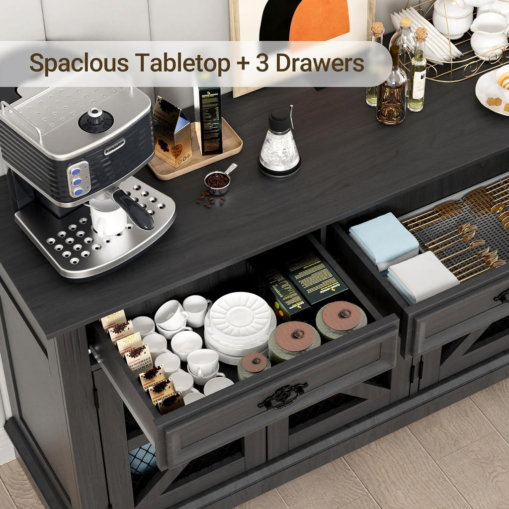 63" Large Buffet Sideboard Cabinet with Drawers, 4 Doors and Charging Station, Farmhouse Kitchen Storage Pantry Cabinet with Adjustable Shelves, Coffee Bar Wine Bar for Kitchen, Living Room - Grand Goldman