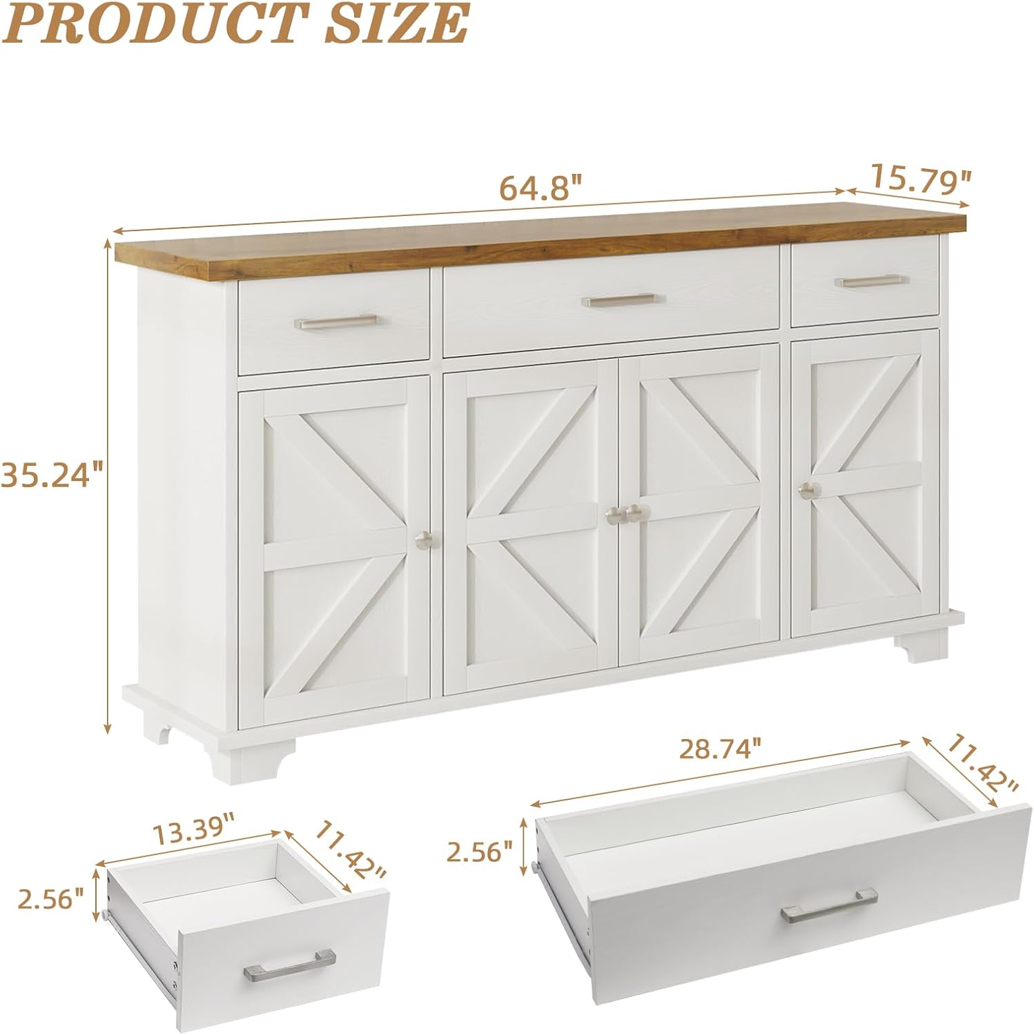 65" Large Buffet Cabinet with Storage, Sideboard Buffet Cabinet with 3 Drawers and 4 Doors, Farmhouse Coffee Bar Cabinet, Wood Buffet Table for Kitchen, Dining Room, White - Grand Goldman