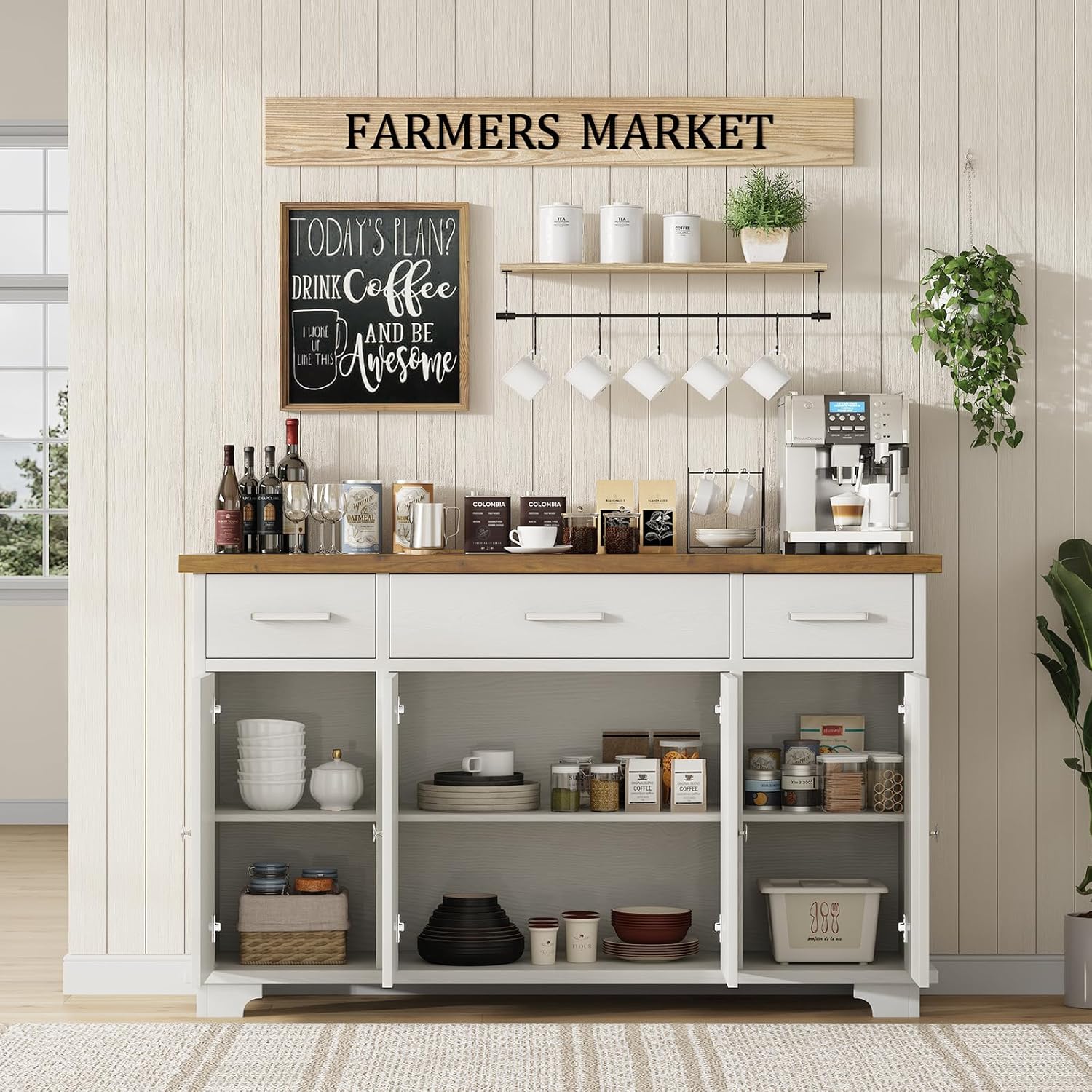 65" Large Buffet Cabinet with Storage, Sideboard Buffet Cabinet with 3 Drawers and 4 Doors, Farmhouse Coffee Bar Cabinet, Wood Buffet Table for Kitchen, Dining Room, White - Grand Goldman