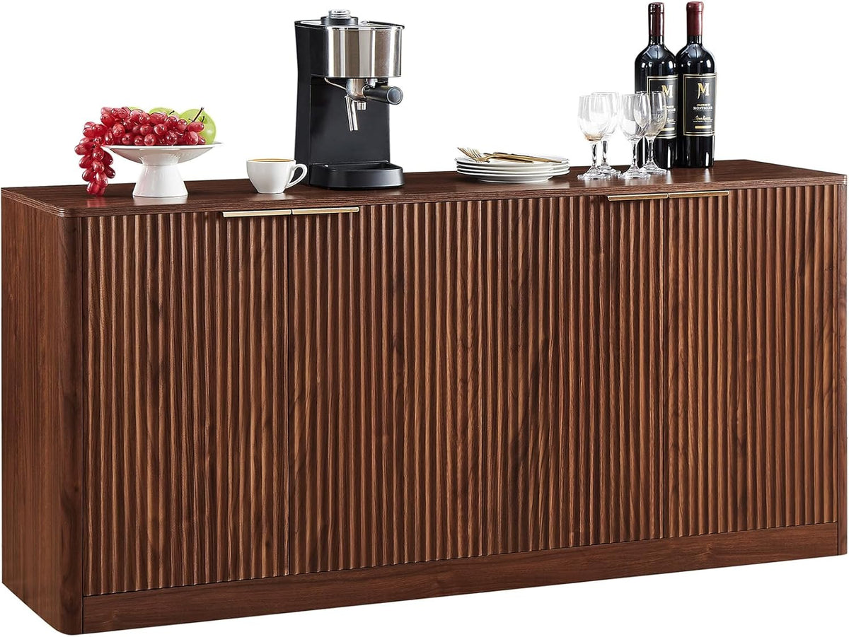67" Walnut Fluted Sideboard Buffet Cabinet with Storage, Large Kitchen Buffet with Curvy Edge and Doors, Wood Mid Century Modern Sideboard for Living Room - Grand Goldman