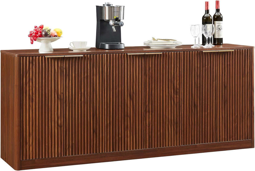 67" Walnut Fluted Sideboard Buffet Cabinet with Storage, Large Kitchen Buffet with Curvy Edge and Doors, Wood Mid Century Modern Sideboard for Living Room - Grand Goldman