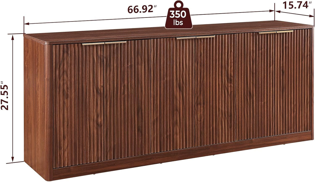 67" Walnut Fluted Sideboard Buffet Cabinet with Storage, Large Kitchen Buffet with Curvy Edge and Doors, Wood Mid Century Modern Sideboard for Living Room - Grand Goldman