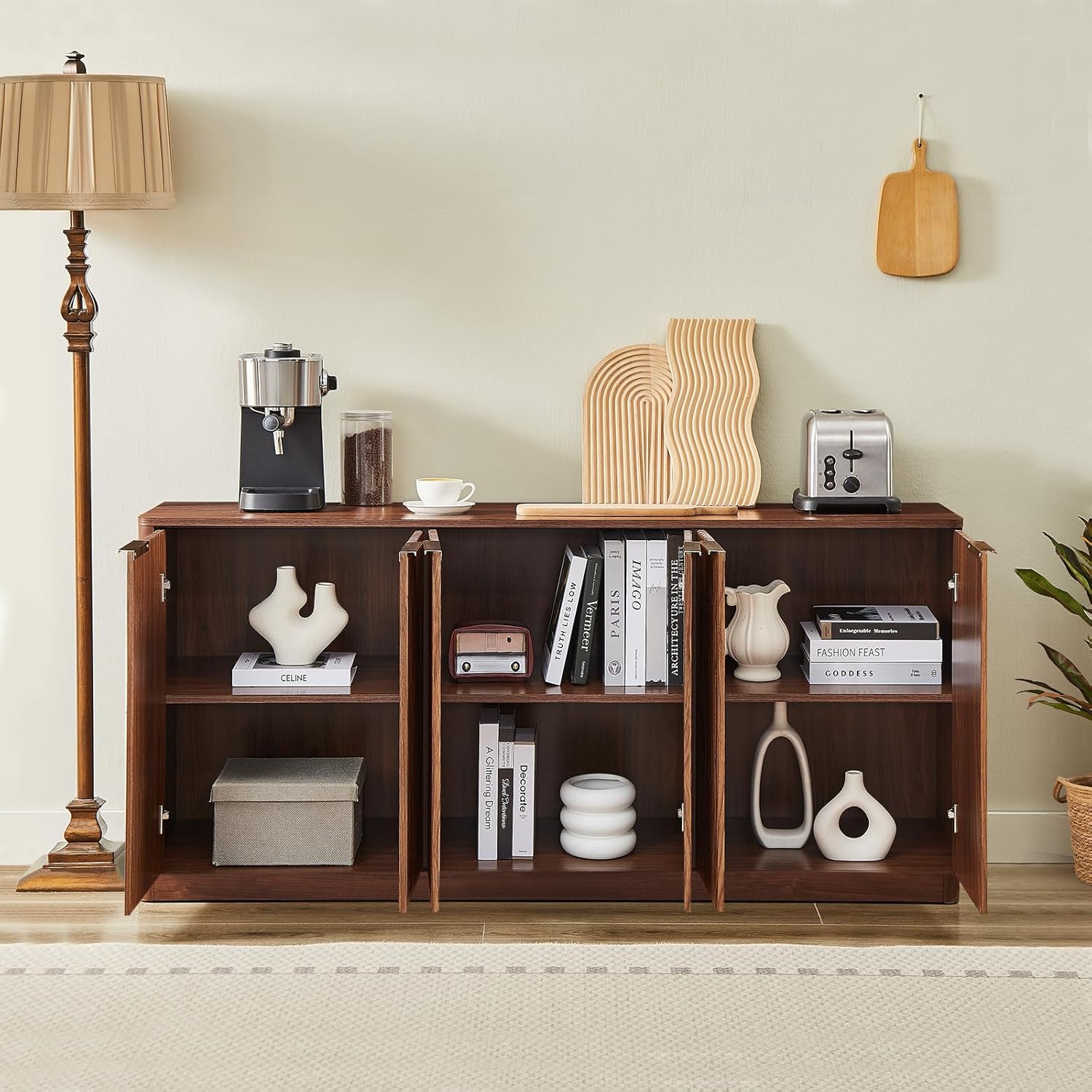 67" Walnut Fluted Sideboard Buffet Cabinet with Storage, Large Kitchen Buffet with Curvy Edge and Doors, Wood Mid Century Modern Sideboard for Living Room - Grand Goldman