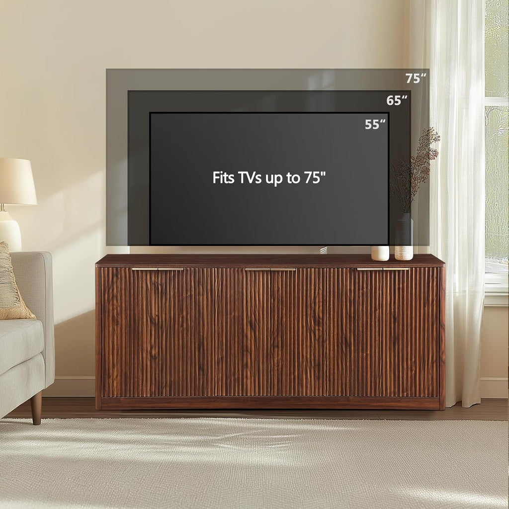 67" Walnut Fluted Sideboard Buffet Cabinet with Storage, Large Kitchen Buffet with Curvy Edge and Doors, Wood Mid Century Modern Sideboard for Living Room - Grand Goldman