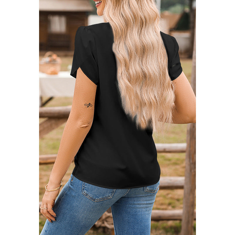 Solid Color Pullover V-neck Chiffon Shirt For Women