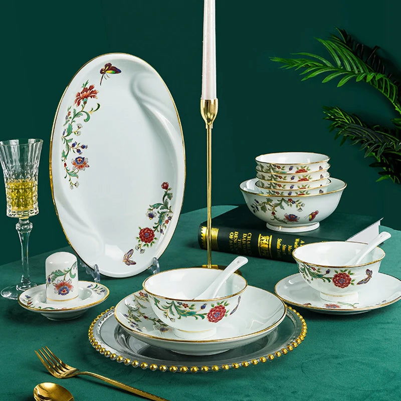 68 Piece Set Tableware Set Bowl and Dish 68 Piece Set Gilding Process Floral Butterfly Double Ear Pot Plate Spoon Stewing Cup Combination Set - Grand Goldman