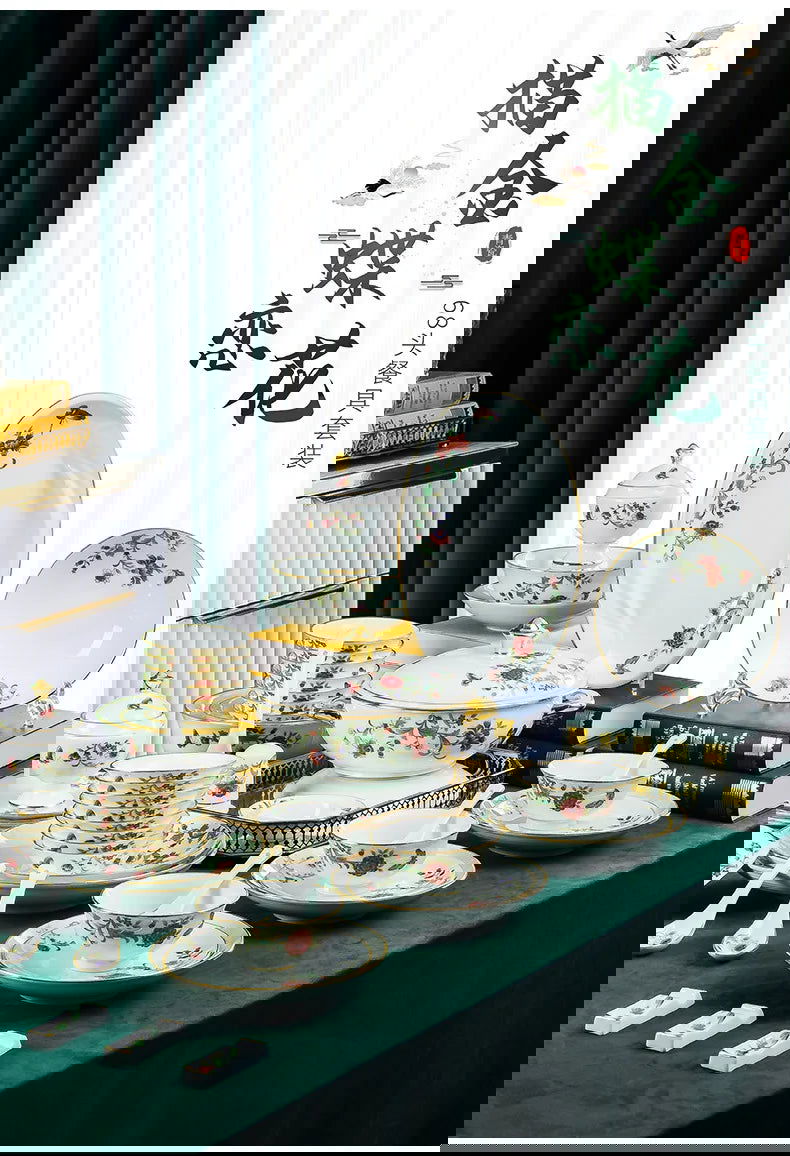 68 Piece Set Tableware Set Bowl and Dish 68 Piece Set Gilding Process Floral Butterfly Double Ear Pot Plate Spoon Stewing Cup Combination Set - Grand Goldman