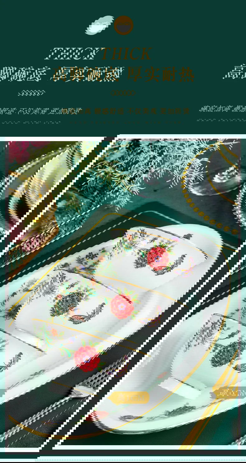 68 Piece Set Tableware Set Bowl and Dish 68 Piece Set Gilding Process Floral Butterfly Double Ear Pot Plate Spoon Stewing Cup Combination Set - Grand Goldman