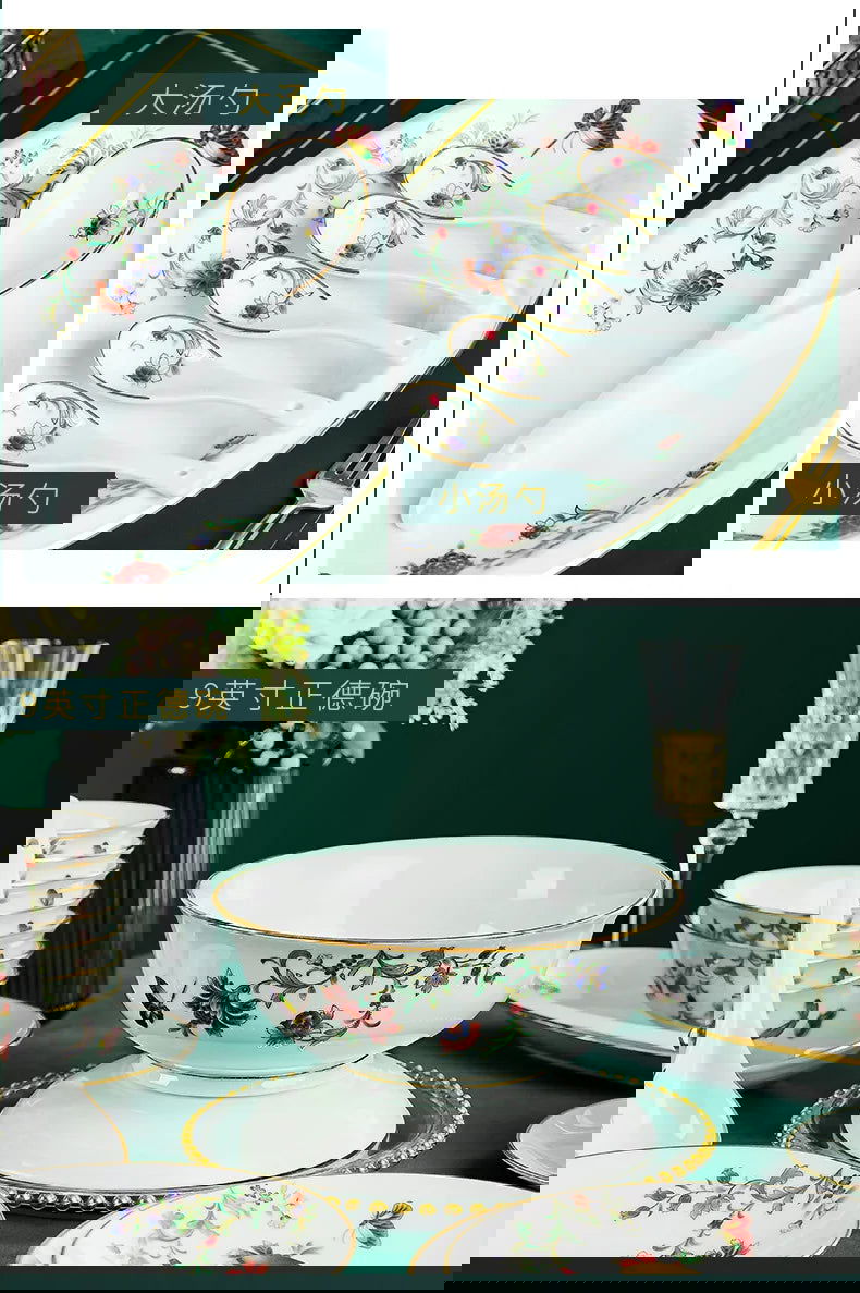 68 Piece Set Tableware Set Bowl and Dish 68 Piece Set Gilding Process Floral Butterfly Double Ear Pot Plate Spoon Stewing Cup Combination Set - Grand Goldman