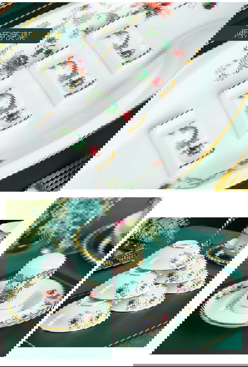 68 Piece Set Tableware Set Bowl and Dish 68 Piece Set Gilding Process Floral Butterfly Double Ear Pot Plate Spoon Stewing Cup Combination Set - Grand Goldman