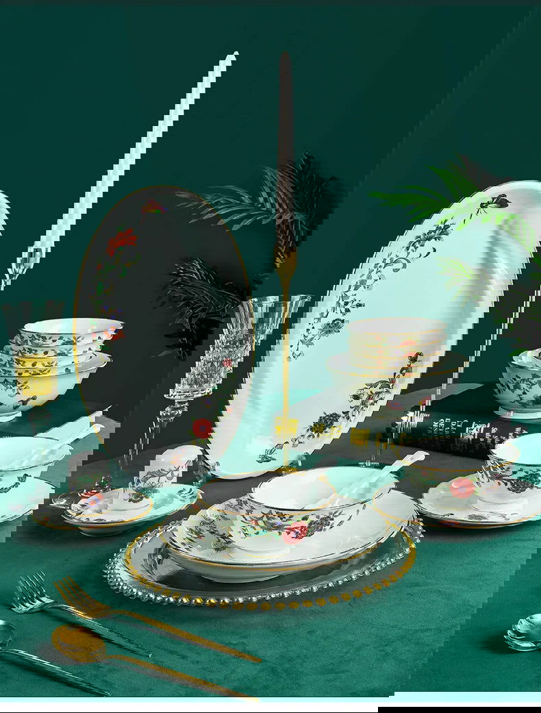 68 Piece Set Tableware Set Bowl and Dish 68 Piece Set Gilding Process Floral Butterfly Double Ear Pot Plate Spoon Stewing Cup Combination Set - Grand Goldman