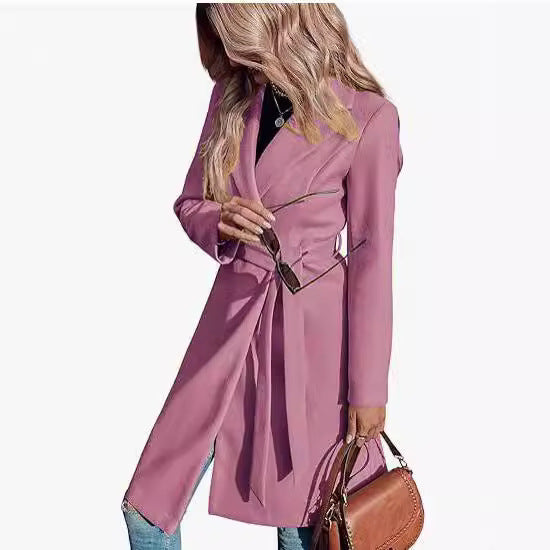 Long Woolen Women's Waist-controlled Lace-up Double Breasted Coat